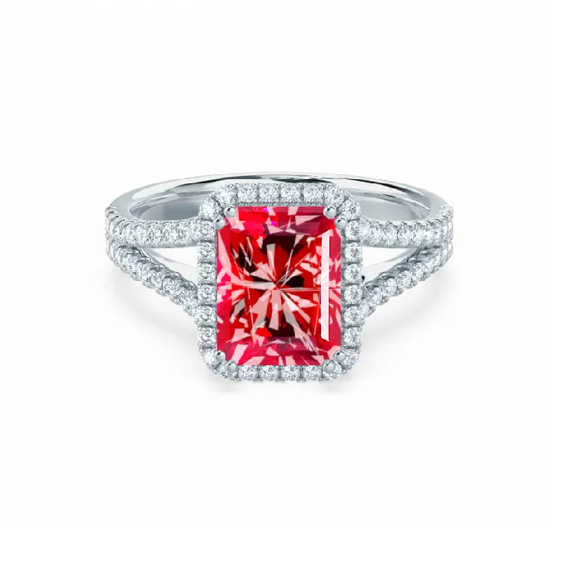 EVERLY - Chatham® Radiant Ruby & Diamond 18k White Gold Split Shank Halo Ring