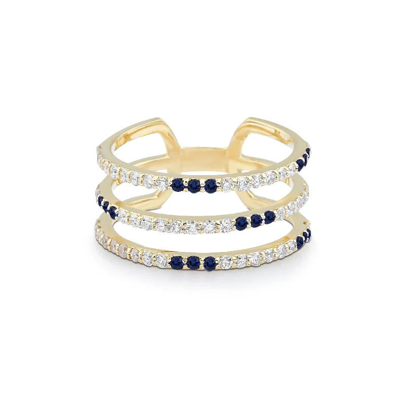 Artisia Triple Bar 18K Gold Ring w. Diamonds & Sapphire