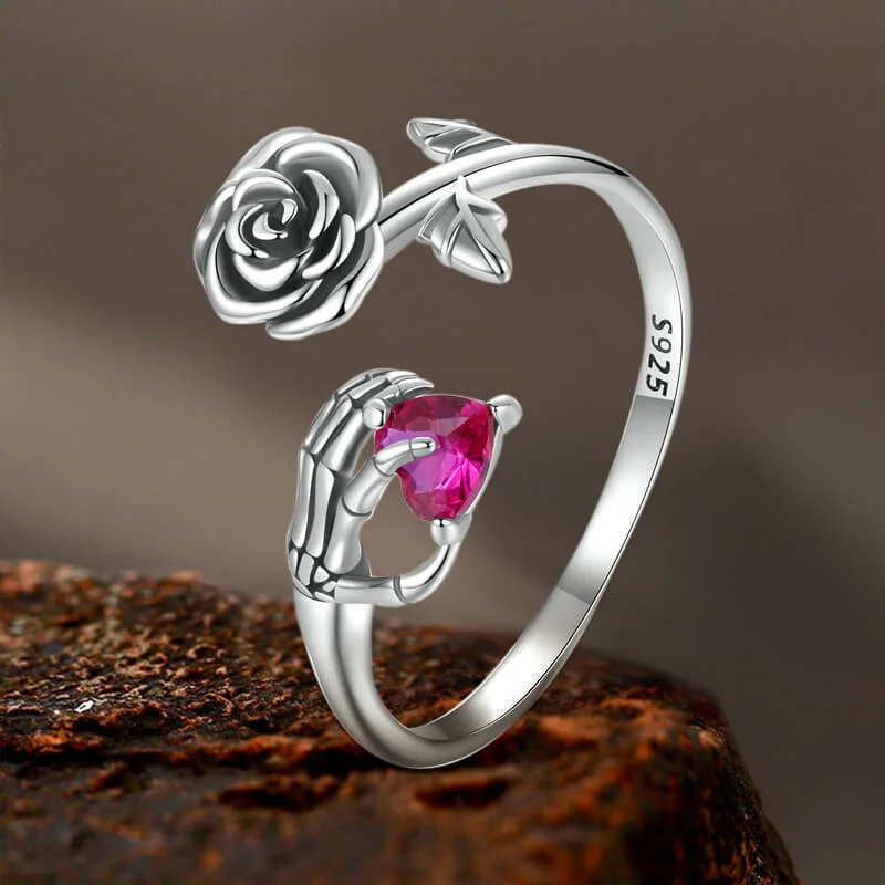 Gothic Rose Skeleton Sterling Silver Open Zircon Ring