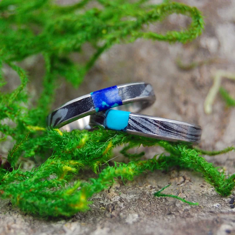 Desire's Whirlwind | Turquoise Black M3 & Titanium - Unique Wedding Ring - Wedding Ring Set