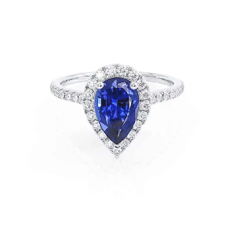 HARLOW - Chatham® Pear Blue Sapphire & Diamond 18k White Gold Halo