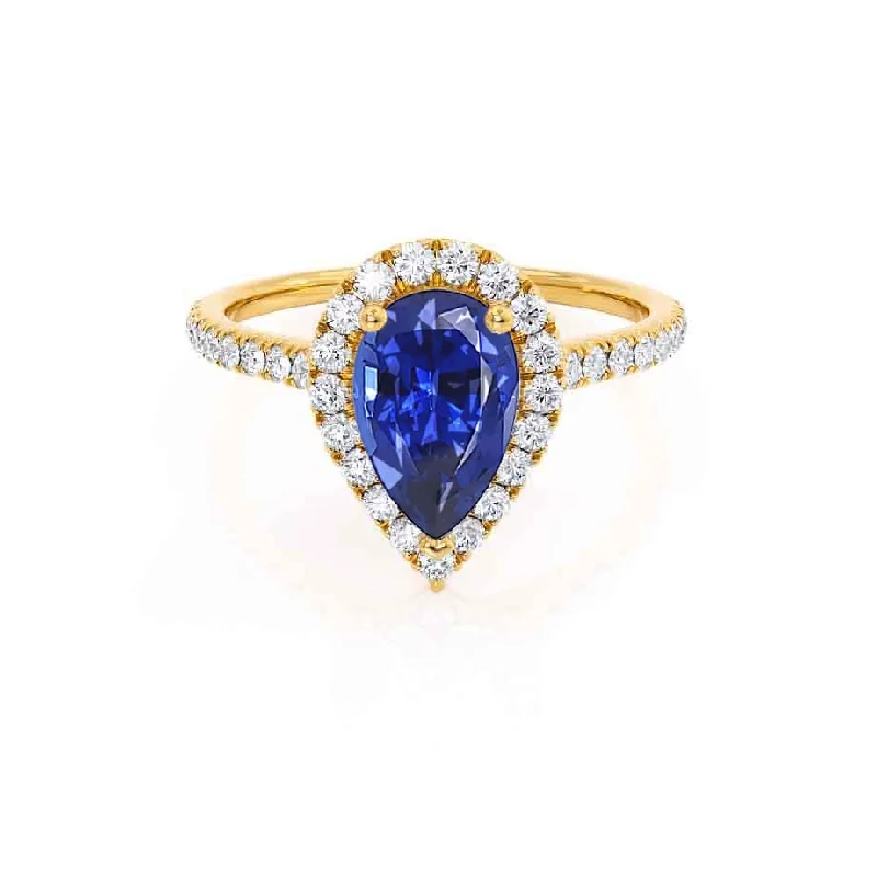 HARLOW - Chatham® Pear Blue Sapphire & Diamond 18k Yellow Gold Halo