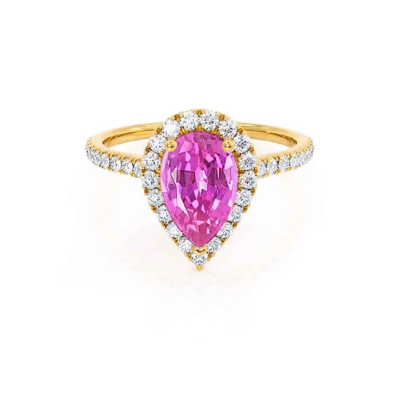 HARLOW - Chatham® Pear Pink Sapphire & Diamond 18k Yellow Gold Halo