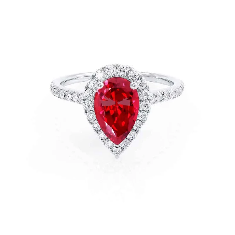 HARLOW - Chatham® Pear Ruby & Diamond 18k White Gold Halo