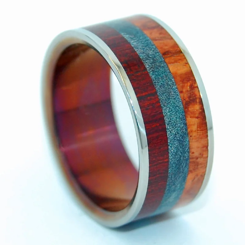 Hayastan Motherland Armenia | Men's Bloodwood, Blue Maple Burl, Amboyna & Titanium Wedding Ring