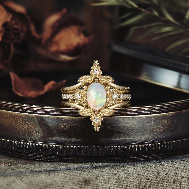 Hera's Opal Garden: A Floral and Leafy Ring Set