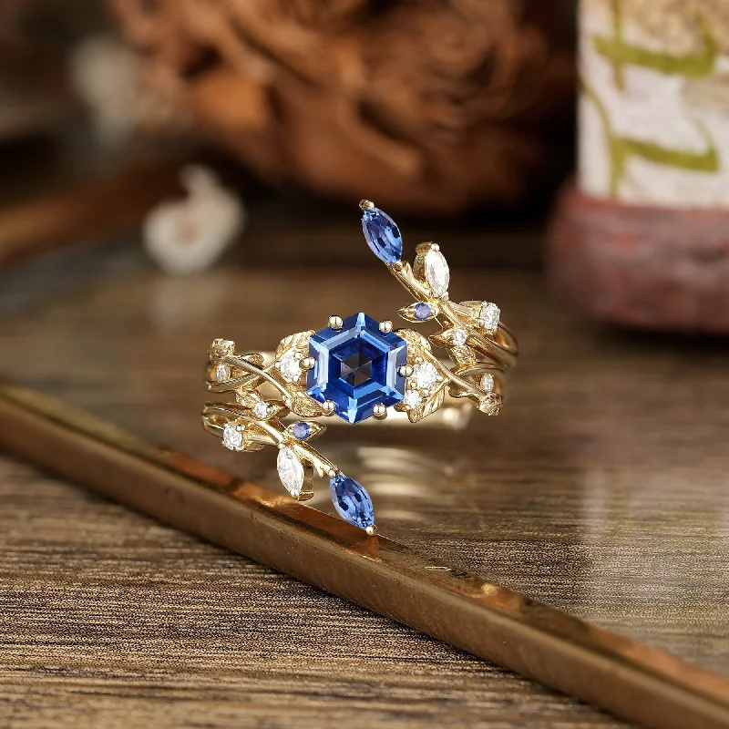 Hexagon Sapphire Vine Ring Set | Claire