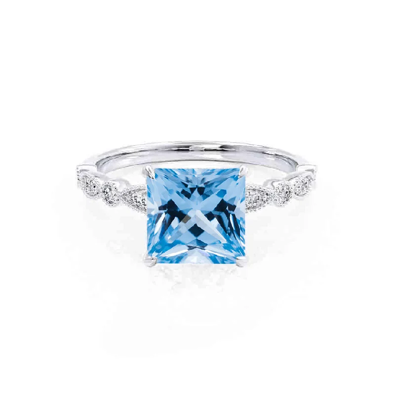 HOPE - Chatham® Princess Aqua Spinel & Diamond 18k White Gold Vintage Shoulder Set