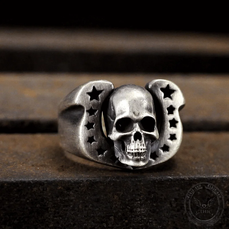 Horseshoe Pentagram Sterling Silver Skull Ring