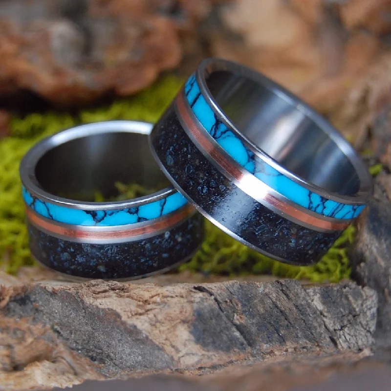 I Lava Iceland | Icelandic Beach Sand, Turquoise & Copper - Wedding Ring Set