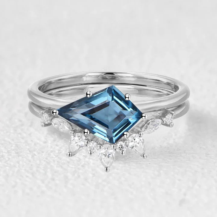 Kite Cut London Blue Topaz East West Ring Set 2pcs