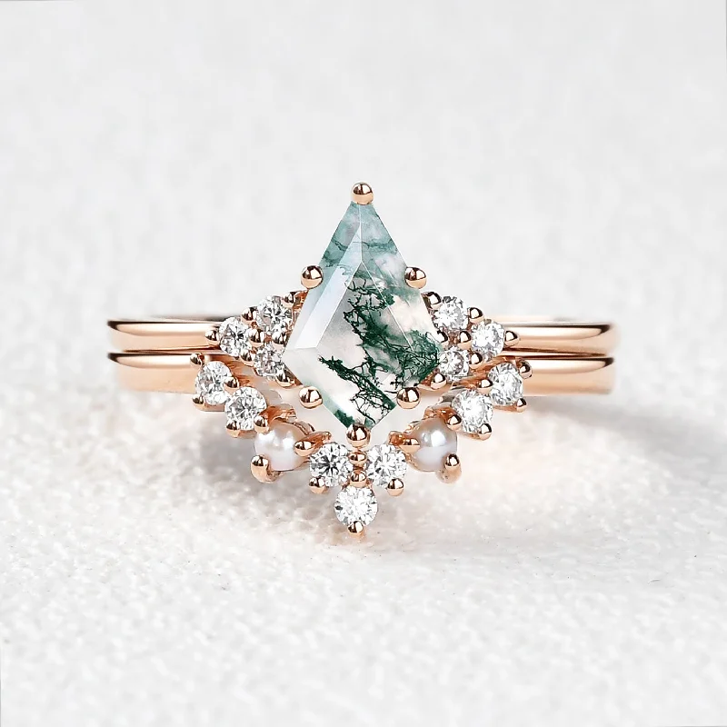 Kite Cut Moss Agate Pearl Engagement Ring Set 2pcs