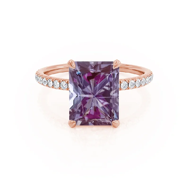 LIVELY - Chatham® Radiant Alexandrite & Diamond 18k Rose Gold Petite Hidden Halo Pavé Shoulder Set Ring