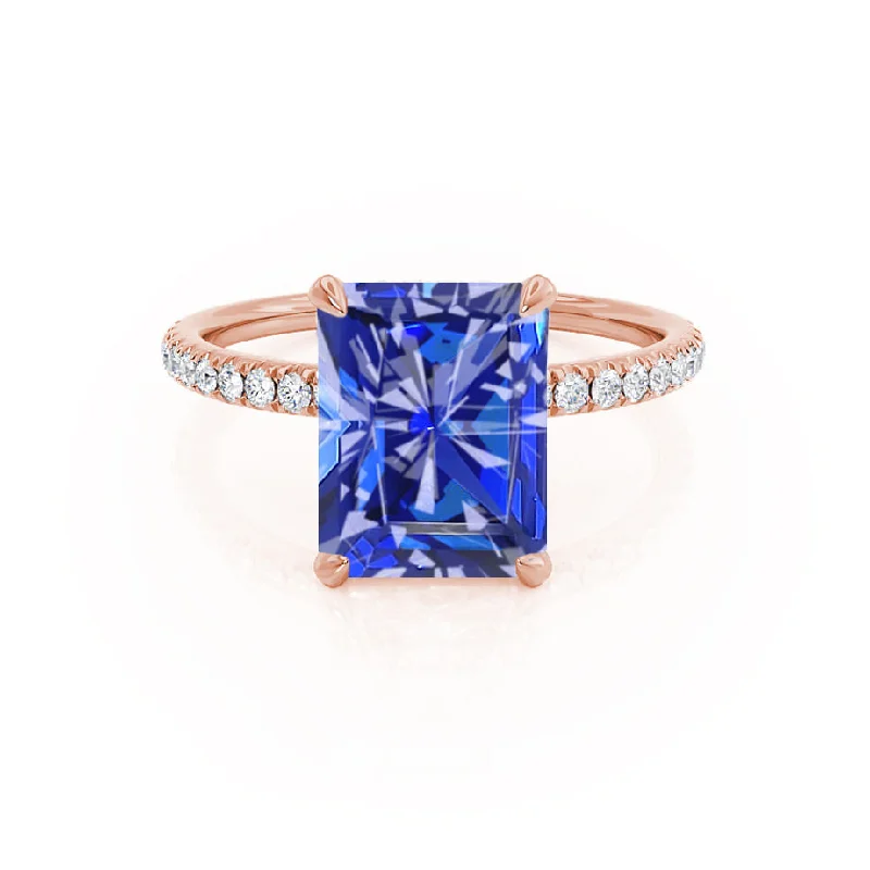 LIVELY - Chatham® Radiant Blue Sapphire & Diamond 18k Rose Gold Petite Hidden Halo Pavé Shoulder Set Ring