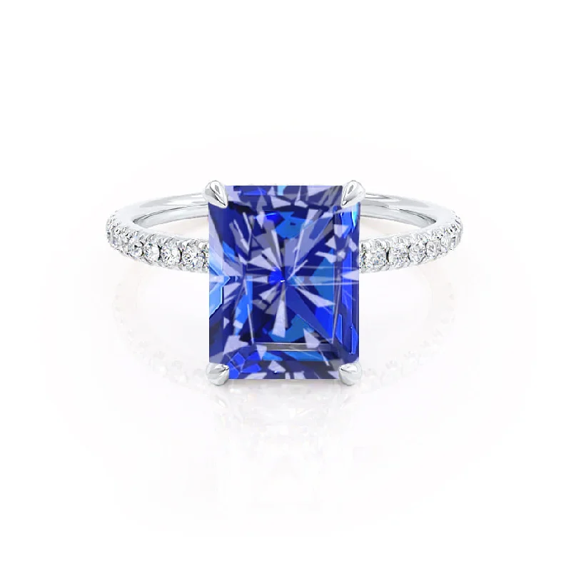 LIVELY - Chatham® Radiant Blue Sapphire & Diamond 18k White Gold Petite Hidden Halo Pavé Shoulder Set Ring