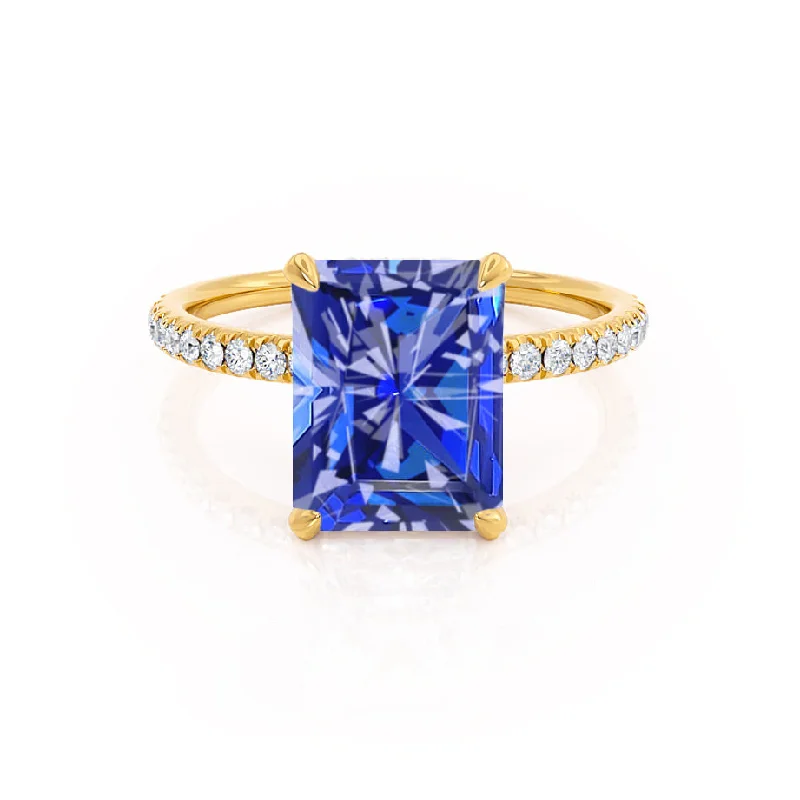 LIVELY - Chatham® Radiant Blue Sapphire & Diamond 18k Yellow Gold Petite Hidden Halo Pavé Shoulder Set Ring