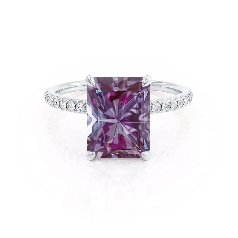 LIVELY - Chatham® Radiant Alexandrite & Diamond 18k White Gold Petite Hidden Halo Pavé Shoulder Set Ring