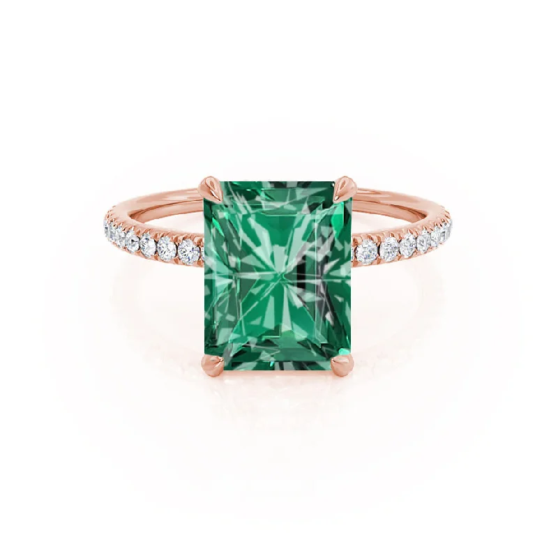 LIVELY - Chatham® Radiant Emerald & Diamond 18k Rose Gold Petite Hidden Halo Pavé Shoulder Set Ring