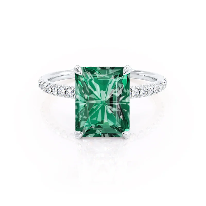 LIVELY - Chatham® Radiant Emerald & Diamond 18k White Gold Petite Hidden Halo Pavé Shoulder Set Ring