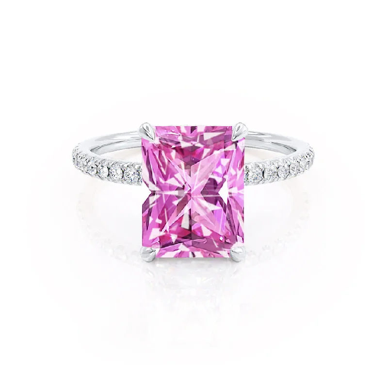 LIVELY - Chatham® Radiant Pink Sapphire & Diamond 18k Rose Gold Petite Hidden Halo Pavé Shoulder Set Ring