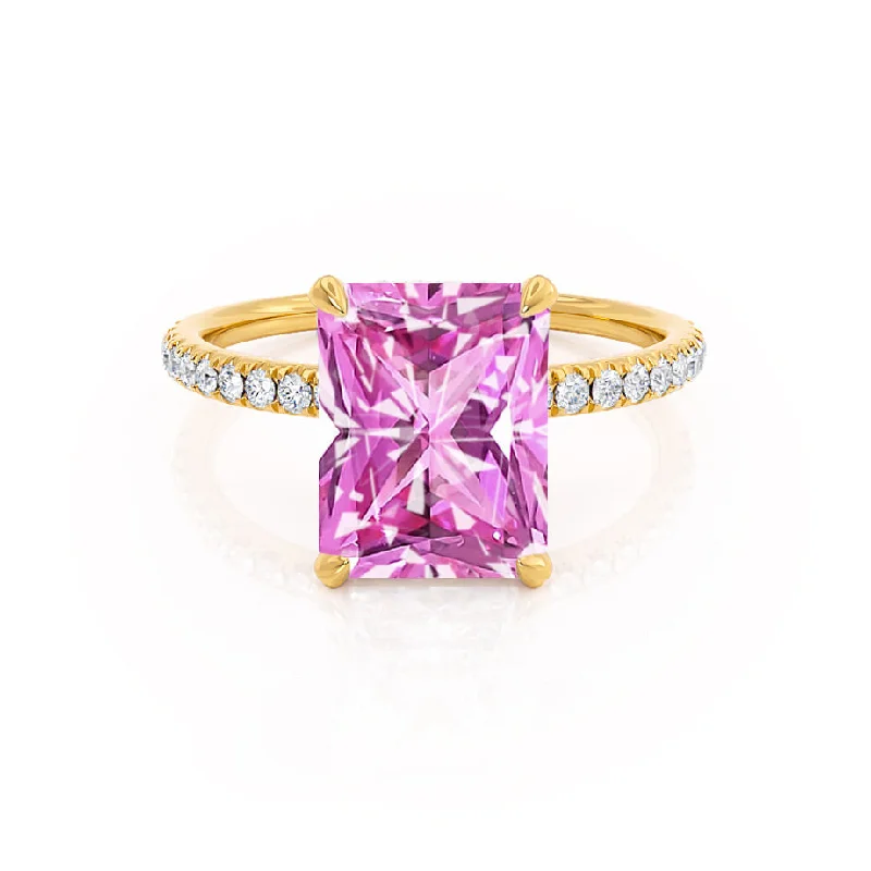 LIVELY - Chatham® Radiant Pink Sapphire & Diamond 18k Yellow Gold Petite Hidden Halo Pavé Shoulder Set Ring