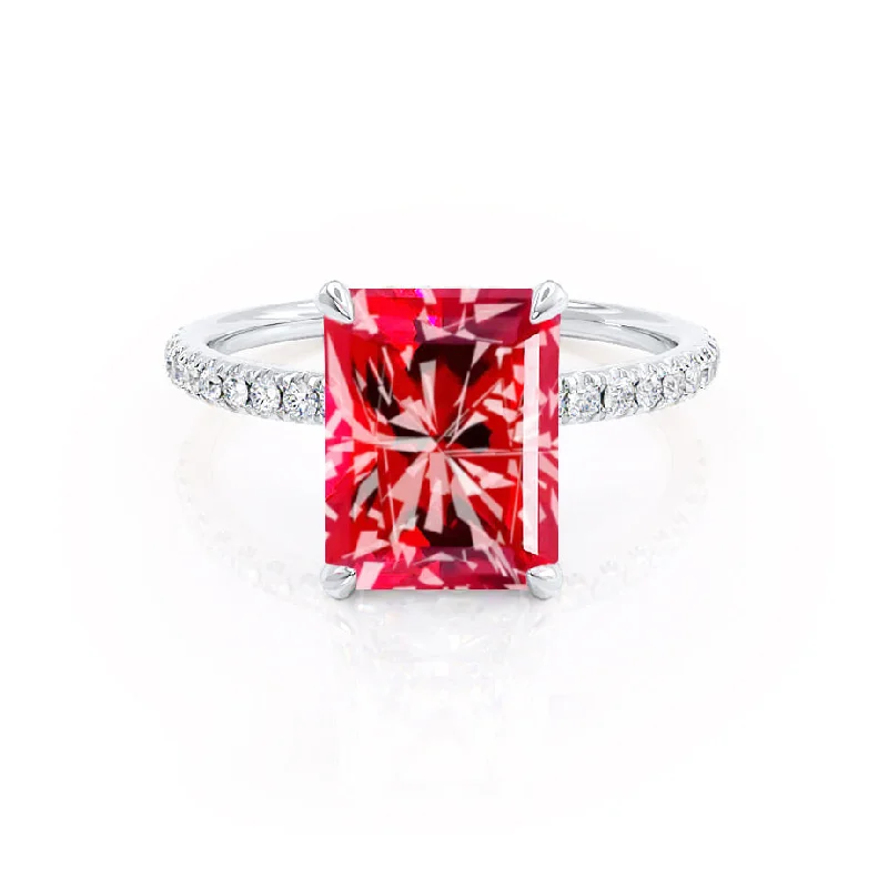 LIVELY - Chatham® Radiant Ruby & Diamond 18k White Gold Petite Hidden Halo Pavé Shoulder Set Ring