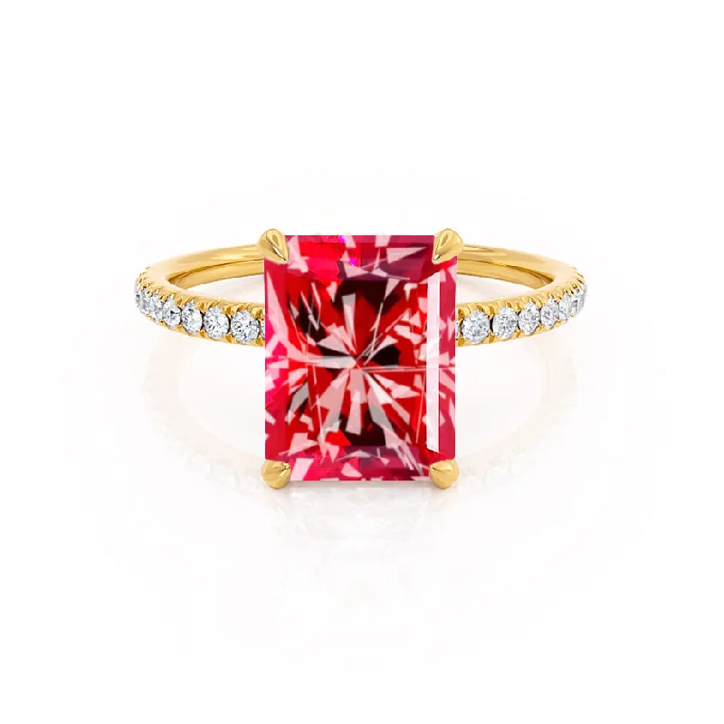 LIVELY - Chatham® Radiant Ruby & Diamond 18k Yellow Gold Petite Hidden Halo Pavé Shoulder Set Ring