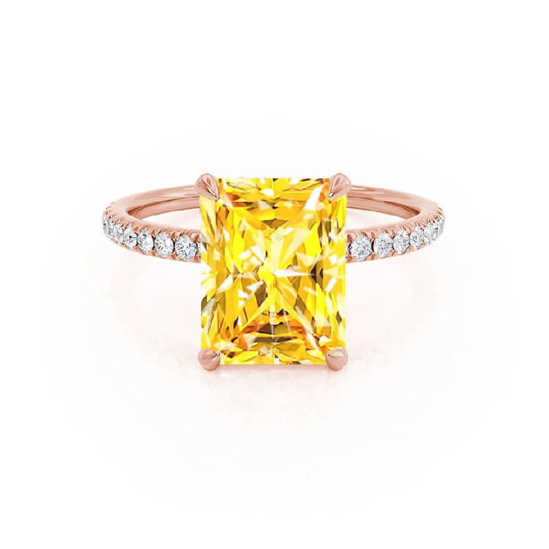 LIVELY - Chatham® Radiant Yellow Sapphire & Diamond 18k Rose Gold Petite Hidden Halo Pavé Shoulder Set Ring