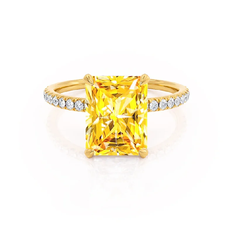 LIVELY - Chatham® Radiant Yellow Sapphire & Diamond 18k Yellow Gold Petite Hidden Halo Pavé Shoulder Set Ring