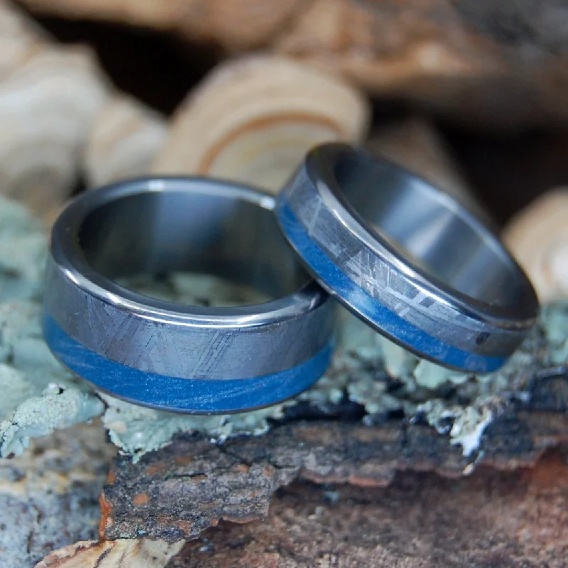 Meteorite Hits The Sea | Meteorite & Blue Silver Mokume Gane M3 - Titanium Men's Wedding Ring Set