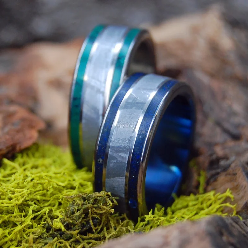 Meteorite So Hot And Midnight Set | Meteorite & Jade & Beach Sand Titanium Wedding Ring Set