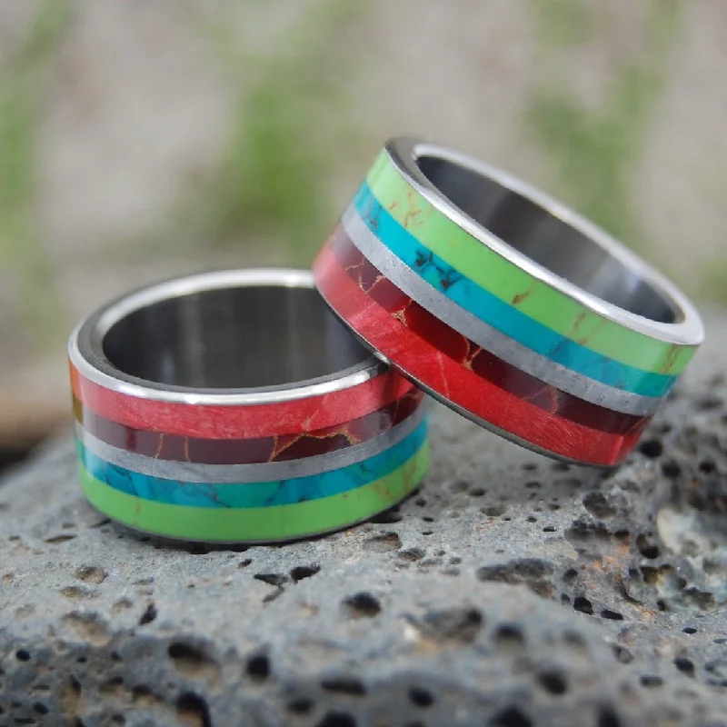 Bright Lion | Meteorite, Wood & Stone Titanium Wedding Ring Set