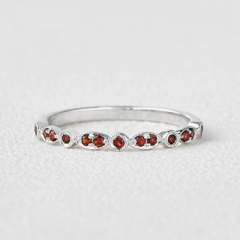 Milgrain Garnet White Gold Wedding Band