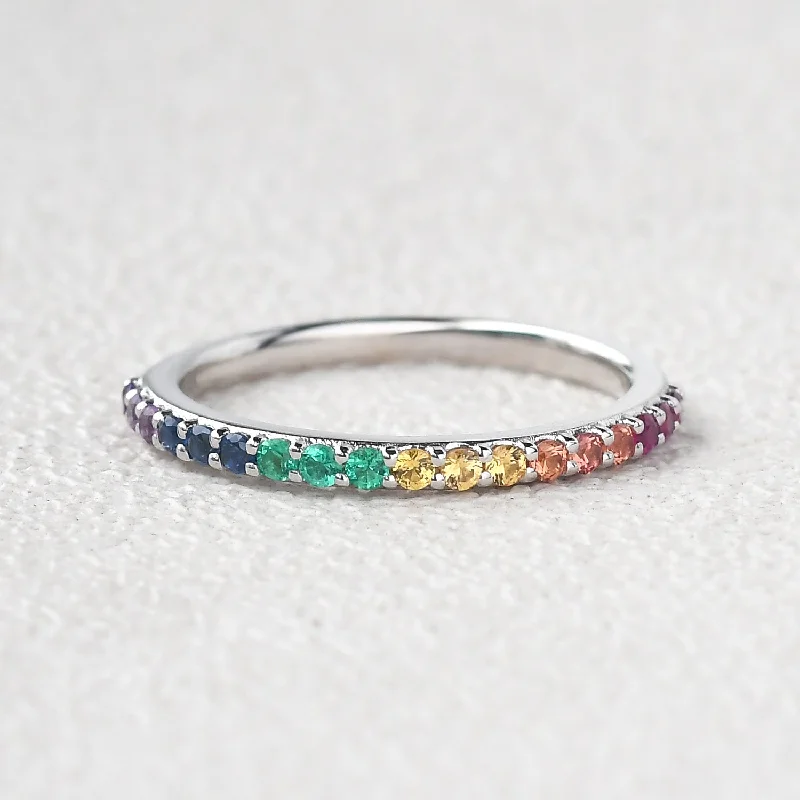 Minimalist Rainbow Lab Sapphire Gemstones Half Eternity Stacking Ring