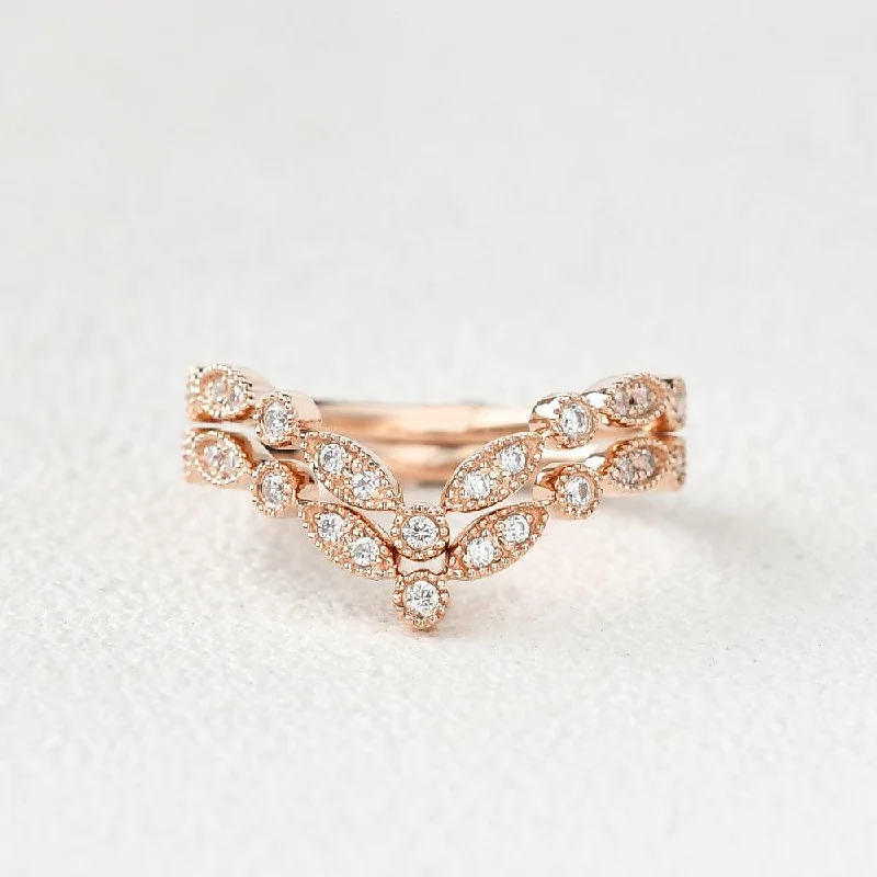 Moissanite Band V Shaped Rose Gold Ring Set 2pcs