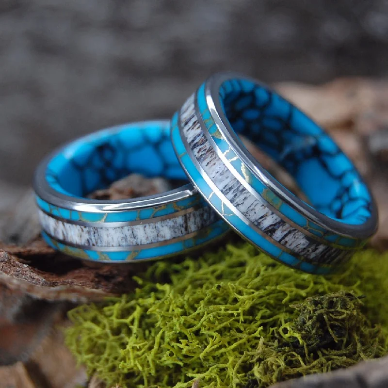 Moose Off Maine Set | Moose Antler & Turquoise - Titanium Wedding Ring Set