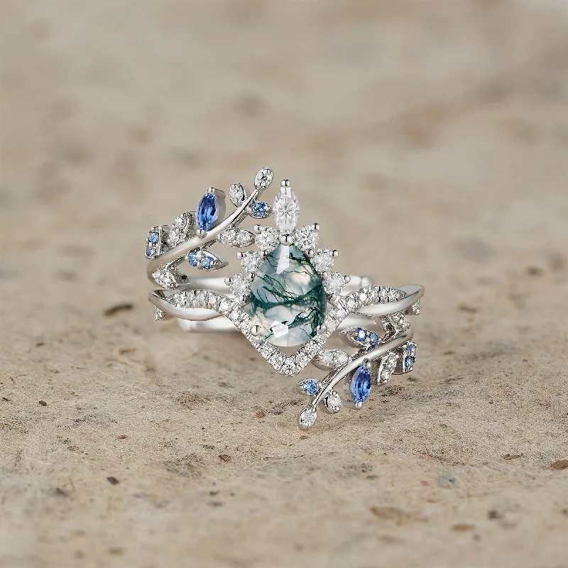 Moss Agate and Sapphire Crown Leaf Ring Set - Esme