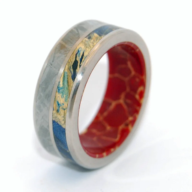 Love Superpower | Men's Meteorite, Blue Box Elder Wood, Red Jasper Stone & Titanium Wedding Ring