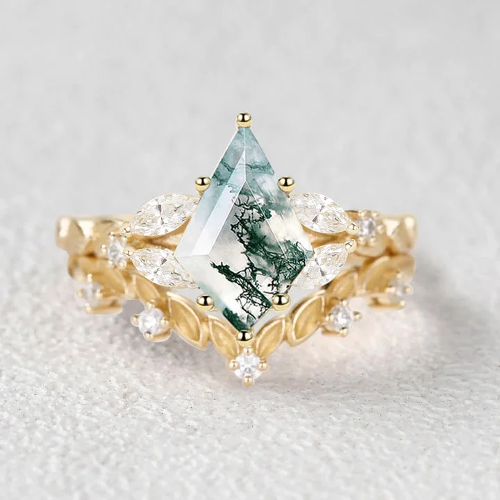 Nature Inspired - Kite Cut Moss Agate Leafy Engagement Ring Set 2pcs