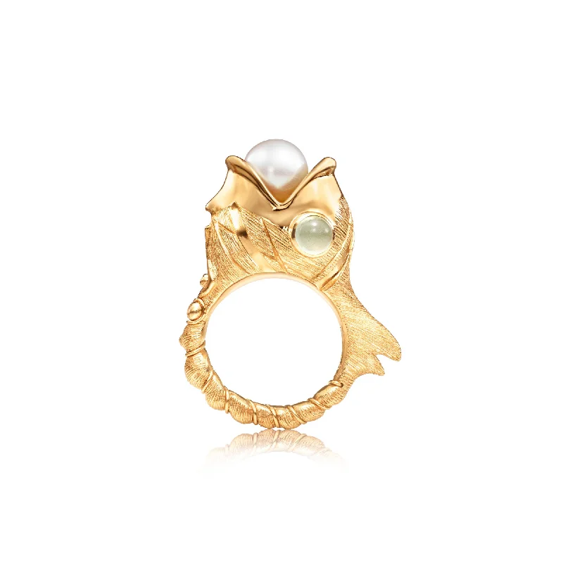 Young Fish 18K Gold Ring w. Aquamarine, Pearl & Diamonds