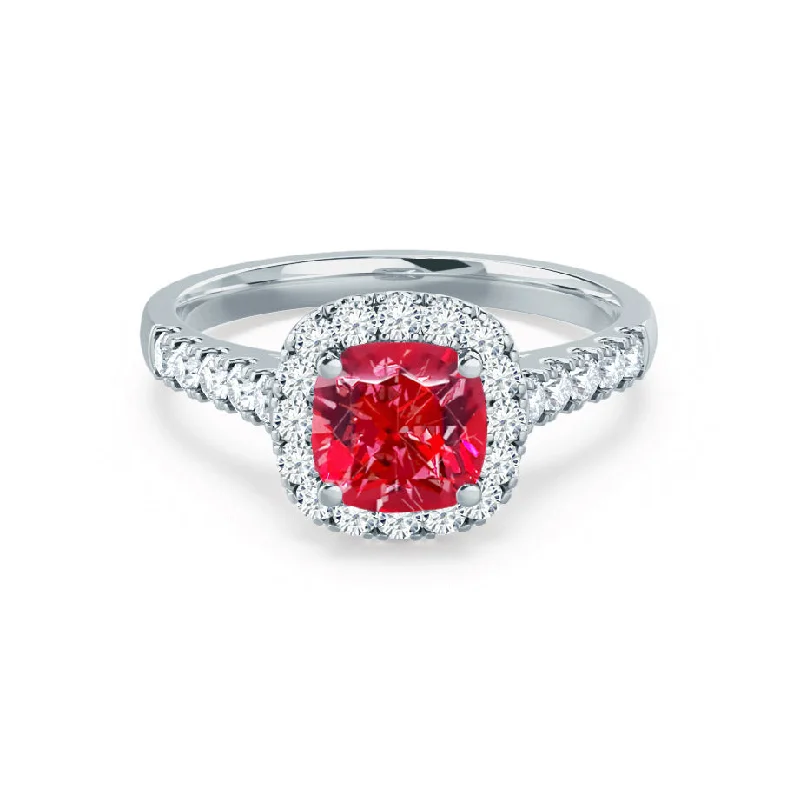 OPHELIA - Chatham® Lab Grown Red Ruby & Diamond Platinum Halo Ring