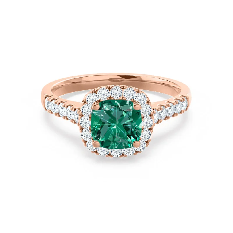 OPHELIA - Chatham® Lab Grown Emerald & Diamond 18K Rose Gold Halo