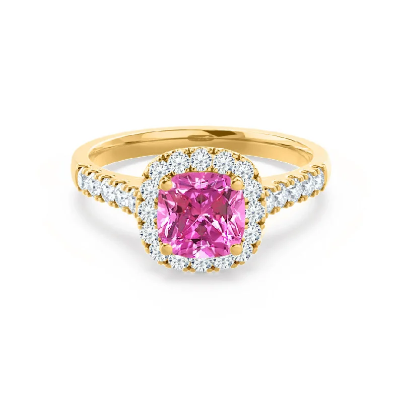 OPHELIA - Chatham® Lab Grown Pink Sapphire & Diamond 18K Yellow Gold Halo