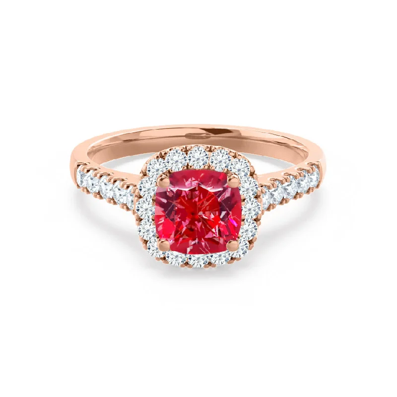 OPHELIA - Chatham® Lab Grown Red Ruby & Diamond 18K Rose Gold Halo Ring