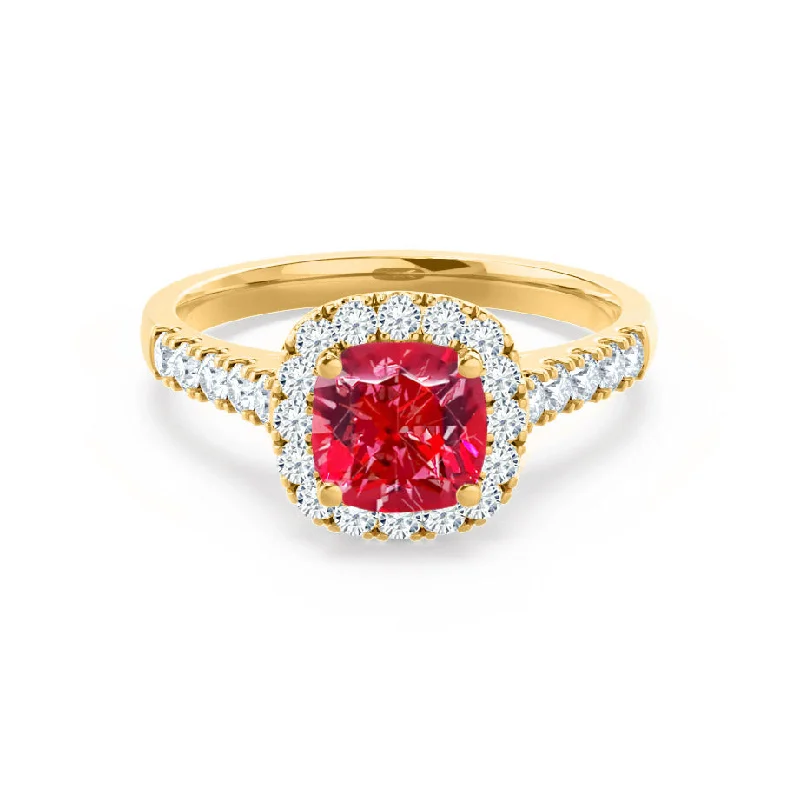 OPHELIA - Chatham® Lab Grown Red Ruby & Diamond 18K Yellow Gold Halo Ring