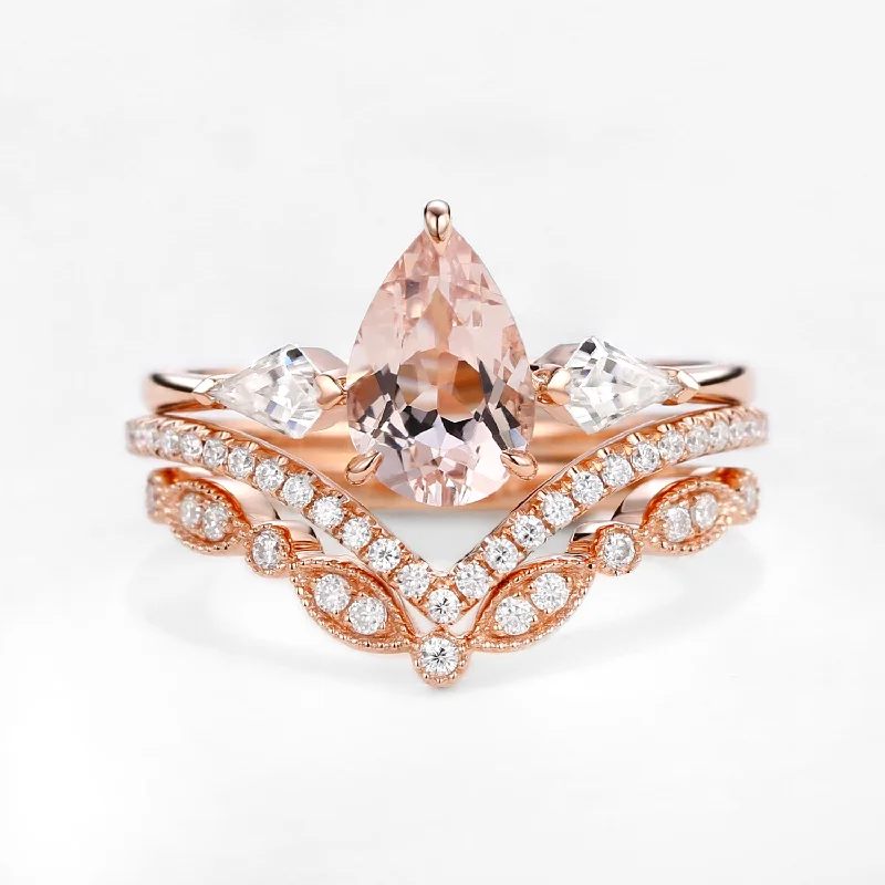 Peachy Morganite & Moissanite Three Stone Ring Set 3pcs