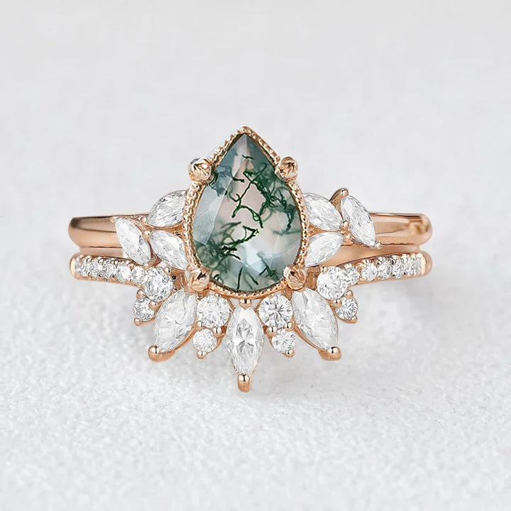 Pear Shaped Moss Agate Marquise Cluster Ring Set 2pcs