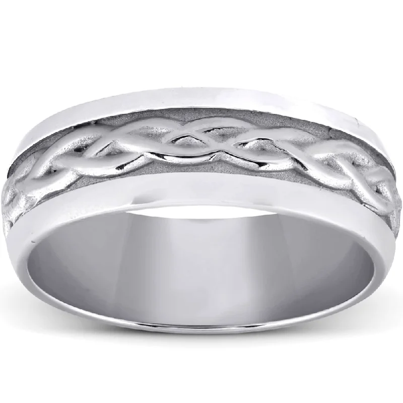 Pompeii3 14k White Gold 7mm Brushed Braided Comfort Fit Ring Mens Wedding Band