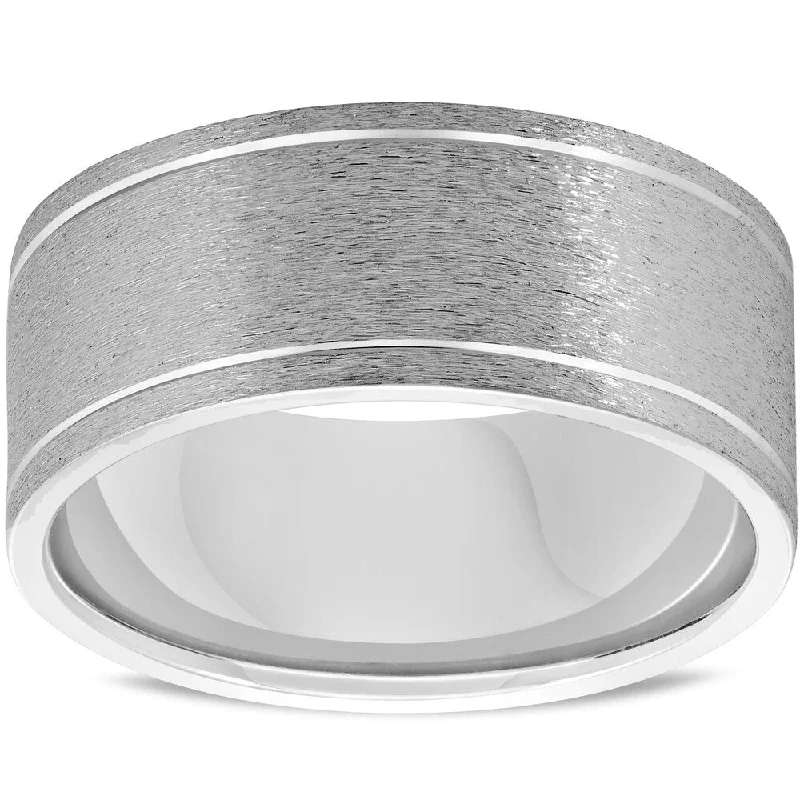 Pompeii3 Mens 14K White Gold 8mm Wide Comfort Fit Brushed Wedding Ring Band