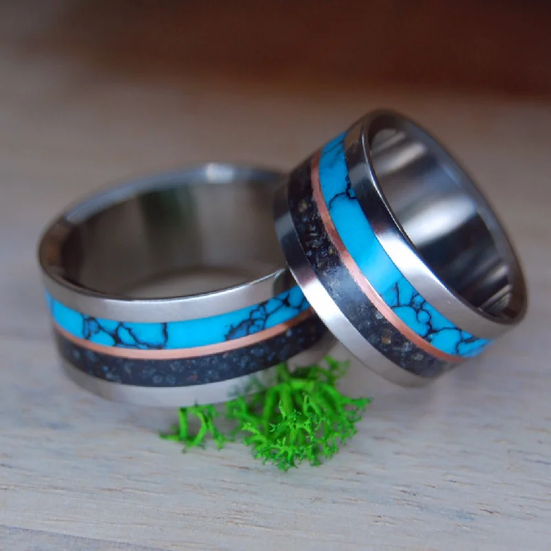 I Lava Iceland Ii | Icelandic Beach Sand, Turquoise & Copper - Wedding Ring Set